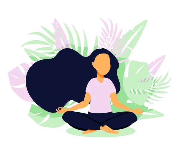 女性とパステルヴィンテージの色でマインドフルネス 瞑想とヨガの背景は 交差脚と瞑想に座っています ベクターイラスト — ストックベクタ