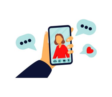 Video çağrısı konsepti. Sevdiğinle görüntülü konuşma. Ekranda kız arkadaşı olan bir erkek akıllı telefon tutuyor. Parmak dokunuşu ekranı. Web siteleri ve pankartlar için vektör düz çizim çizimi.