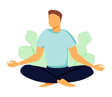 Vektör illüstrasyon, meditasyon konsepti, beden, zihin ve duygular için sağlık faydaları, düşünce süreci, 
