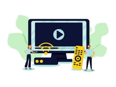 Küçük insanlar uzaktan kumandalı ve televizyonlu multimedya kutusuyla video izliyorlar. Akıllı TV kutusu, akıllı TV konsolu, televizyonunuzu yapın