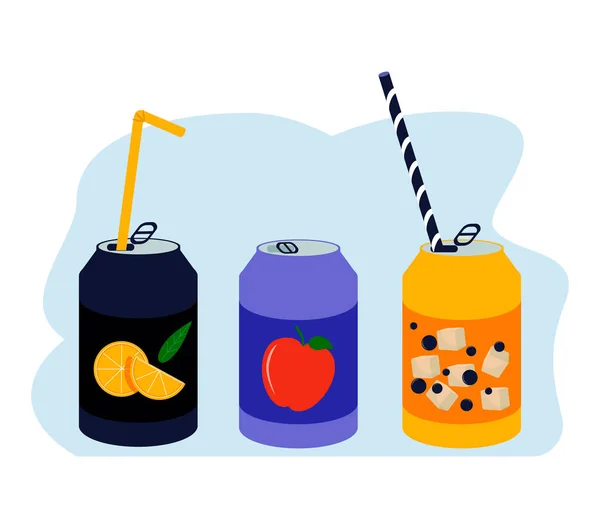 Divers sodas savoureux. Ensemble vectoriel dessiné à la main de boissons gazeuses en canettes d'aluminium. Eau gazéifiée avec différents fruits — Image vectorielle