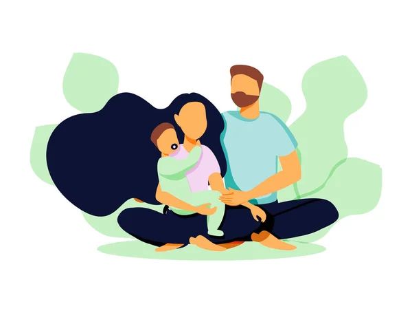 Молодая счастливая пара обнимает своего новорожденного с заботой и любовью. Отец и мать с младенцем на руках. — стоковый вектор