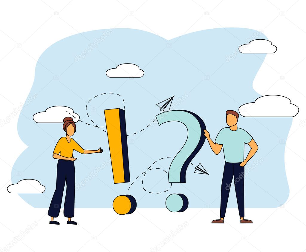 People Characters Standing near Exclamations and Question Marks. Woman and Man Ask Questions and receive Answers. Online