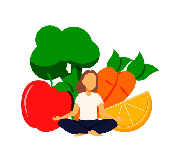 Vector Illustratie Met Mediterende Vrouw Een Cirkel Van Vruchten Yoga — Stockvector