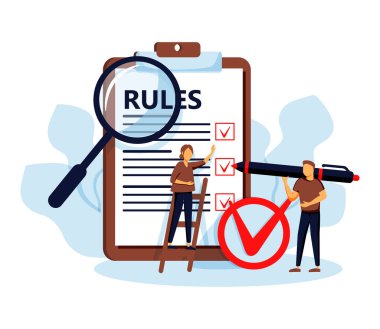 Vektör illüstrasyonu kuralları. Düz, küçük yönetmelikler listedeki kişiler konsepti. Hukuki bilgilerle kısıtlı grafik yazımı. Toplum denetim kılavuzları ve şirket düzeni ve kısıtlamaları stratejisi.