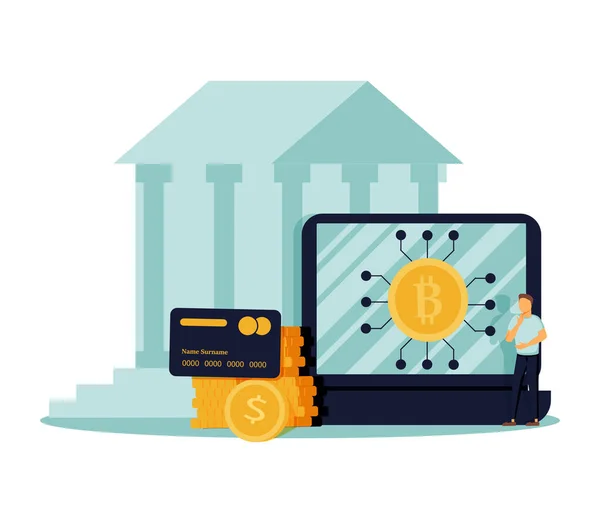 Ілюстрація інтерфейсу користувача онлайн-банкінгу з персонажем офісу, що робить онлайн платежі, перекази та депозити — стоковий вектор