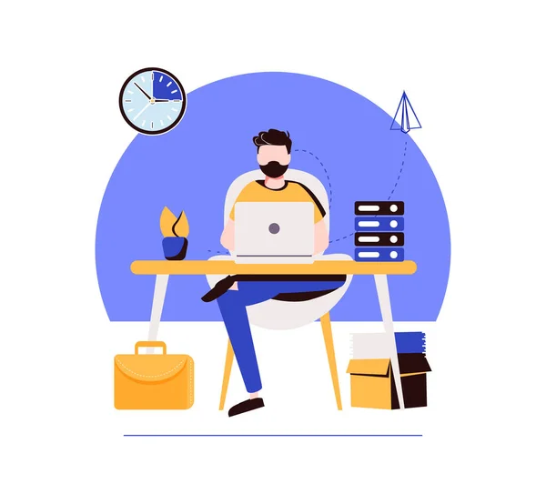 Knappe man werkt op zijn laptop. Modern kantoorinterieur met werkproces iconen op de achtergrond. — Stockvector