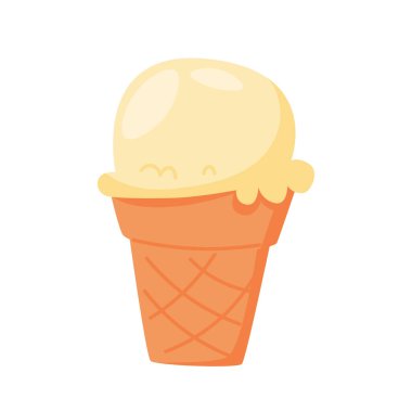 Waffle bardağında dondurma. Dondurulmuş soğuk tatlı, kremalı krema kepçeli dondurma. Lezzetli süt ürünleri, yaz içeceği, vanilya aromalı. Düz vektör çizimi beyaz arkaplanda izole edildi