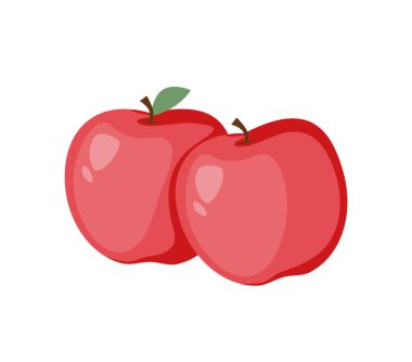 Elma meyvesi İki kırmızı taze besin. Doğal bahçe atıştırması, tatlı yaz vitamini, sağlıklı beslenme. Organik yiyecekler. Düz vektör çizimi beyaz arkaplanda izole edildi