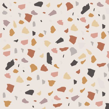 Terrazzo yaratıcı vektör kusursuz desen. Granit parçaları soyut arkaplan. Beyaz arka planda kaotik mozaik mavi ve pembe parçalar. Taşlar ve kayaların renk dokusu. Mermer tekstil, fayans tasarımı.