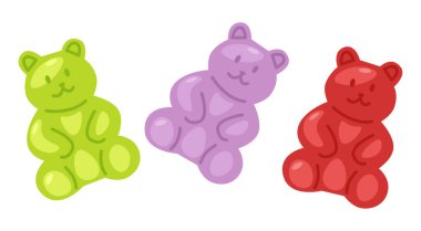 Jelibon ayıcıklar, şeker seti. Çiğnenmiş meyve aromalı jelatin tatlılar. Jel aperatifler, ikramlar, hayvan şeklinde çocuk şekerlemeleri. Düz grafik vektör çizimi beyaz arkaplanda izole edildi