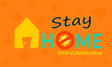 Evde kal, koronavirüs tarafından korunmaya devam et. Metni ve evi olan vektör pankartı. Coronavirus Covid-19 Salgını, Karantina Tasviri