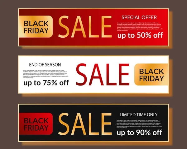 Black Friday Sale Horizontal Banner Set. Luxusdesign mit goldener, roter und schwarzer Farbe. Plakat mit Platz für Text. Social-Media-Vorlage für die Entwicklung von Webseiten und mobilen Webseiten. Geschäftswerbung von Lux — Stockvektor