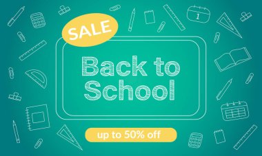  Okuldaki indirimli afişe dönelim. Okul malzemeleriyle süslü poster tasarımı.