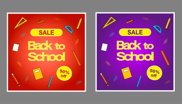 Zurück zur Schule Verkauf Bannerset. Trendiges Schulplakat-Design mit Schulbedarf. — Stockvektor