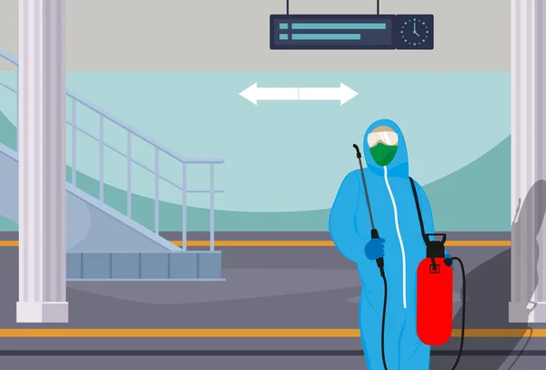 Illustrazione Grafica Vettoriale Lavoratore Disinfettante Piedi Alla Metropolitana Prepararsi Sterilizzazione — Vettoriale Stock