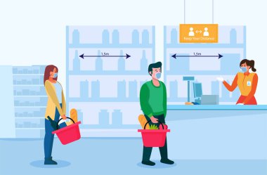Sosyal mesafe, süpermarkette kuyruğa giren insanların vektör çizimi ve virüsün yayılmasını önlemek için diğerlerinden uzak durmak.