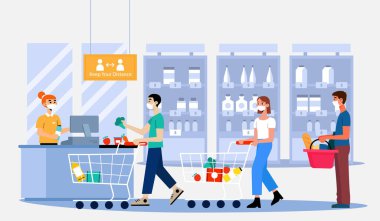 Sosyal mesafe, süpermarkette kuyruğa giren insanların vektör çizimi ve virüsün yayılmasını önlemek için diğerlerinden uzak durmak.