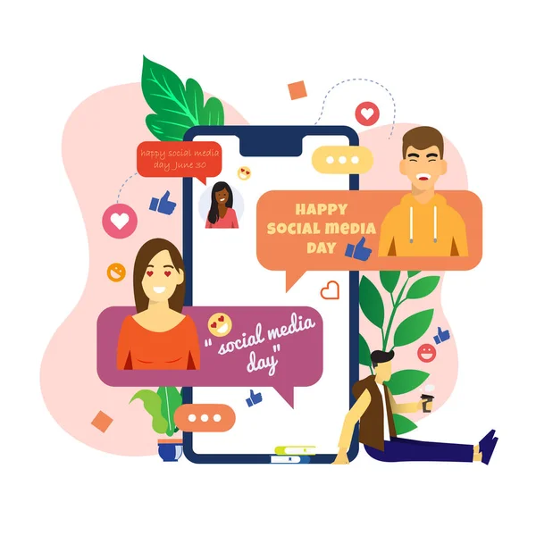 Social Media Dag Juni Vectorillustratie Van Mensen Een Groep Chatten — Stockvector