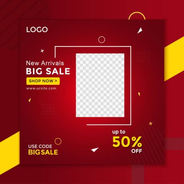 Sosyal medya posta şablonu konsepti, indirimli büyük pankart tanıtımı, süper satış afişi, soyut şekilli Mega satış geçmişi.