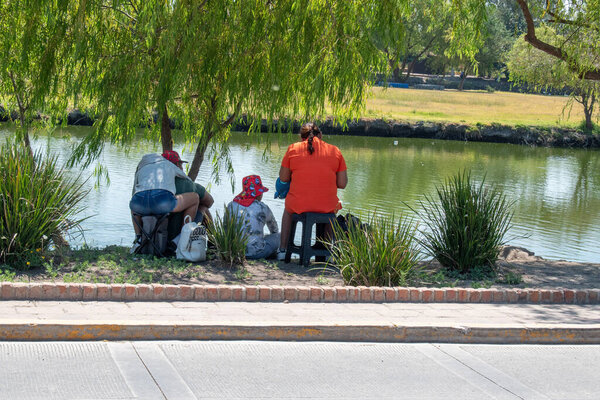 Jamay, Mexco - April 20 2025: Group of people relaxing by the lake under a tree in Jamay, Jalisco, Mexico, during a calm sunny day