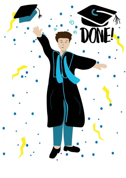 Congrats graduate happy men. Flying graduate caps, ceremony campus, college celebrate friends: 1 student. Hand drawn illustration.