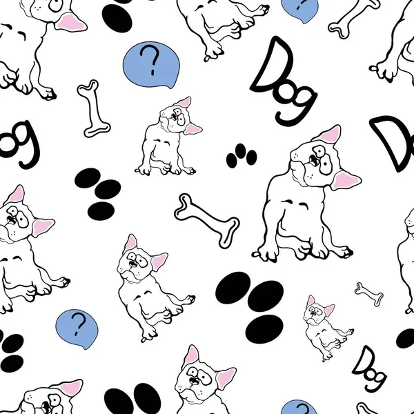 Köpeklerle karalama tarzında kusursuz bir desen. Köpek yavrusu vektörü. Beyaz arka planda köpek ve kemik izleri var. Köpek yazıtları. Ayak izleri. Kemikler. Tasarım ve tekstil için ambalaj kağıdı.
