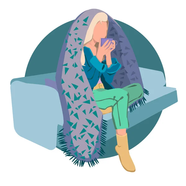 Genç bir kadın modern bir sandalyede oturuyor oturma odasında dinleniyor kahve ya da çay içiyor. Ekoseye sarılı genç bir kız. Ev rahatlığı. Evde kal. Örtünün altındaki kız. Evde kal. Evdeki rahatlık