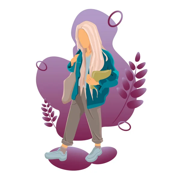 Çantası olan güzel bir genç kız. Beyaz arka planda izole edilmiş kız vektör çizimi. Spor ayakkabılı, kot ceketli bir kız. Gradyan geçmişi olan bir adam. Düz saçlı bir kız. Genç illüstrasyonu