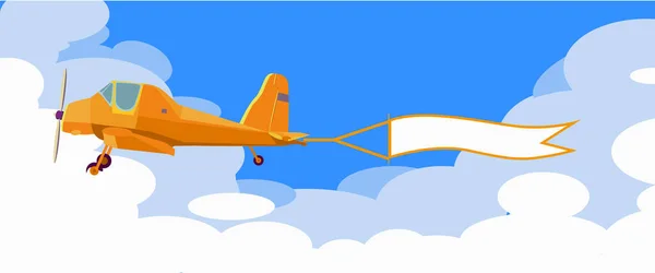 Hafif uçaklar tarafından çekilen uçan reklam pankartları. Vektör düşük polyester küçük beyaz pervaneli uçak. Boş mesaj reklamı olan bir uçağın vektör karikatürü..