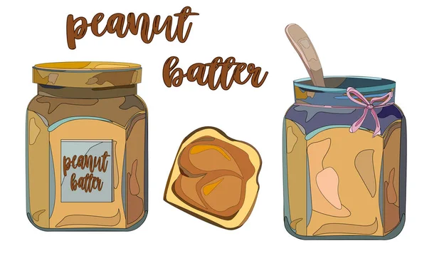 Fıstık ezmesi konusunda bir takım unsurlar. Beyaz bir arka planda izole edilmiş bir kavanoz fıstık ezmesi, ekmek ve tereyağı resmi. EPS10 tasarım şablonu. Web sitesi sayfası ve mobil uygulama tasarımı