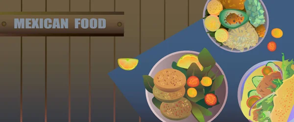 Meksika gıda stoku illüstrasyonu.Bir paket yatay ağ afişi ve ulusal Meksika mutfağı ve yazı için yer. Ahşap arka planda vejetaryen yemeği. Sağlıklı yiyecekler. Menünüz için yemek..