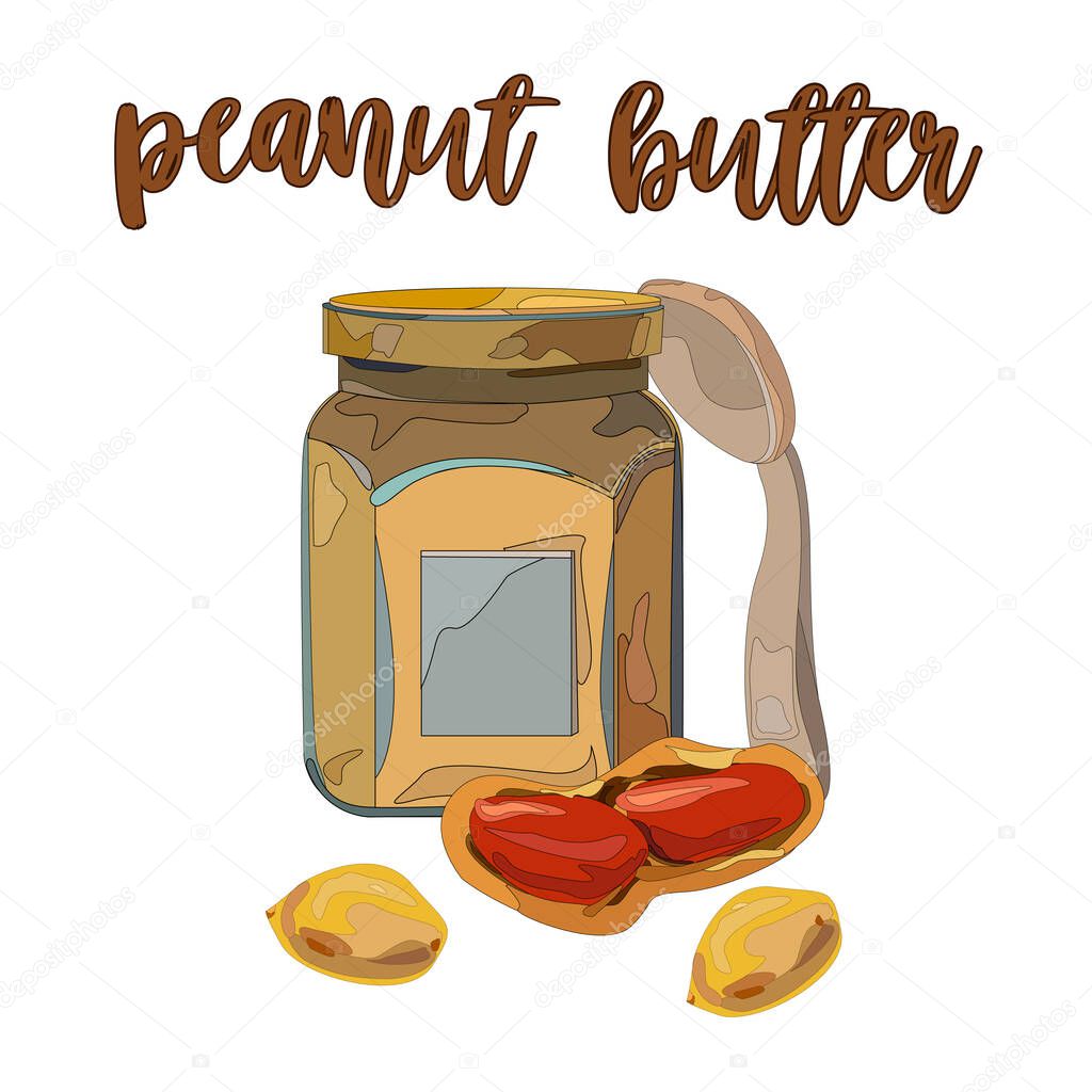 Illustration with peanut butter and spoon. Vector set on the subject of peanut butter. Peanut Butter Bank. Peanuts, peeled and in shell. Spoon and jar.Vector illustration for logo on the theme of food
