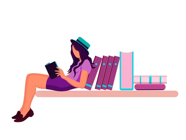 Kazanç, mesafe öğrenme ve kendini eğitmenin kavramsal illüstrasyonu. Kadınlar bir yığın kitabın üzerinde oturup kitap okuyorlar. İzole edilmiş beyaz arkaplanı olan web tasarımı için modern kart. Şapkalı kız.