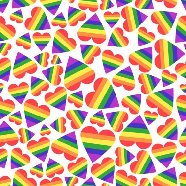 Vektör soyut karalamalar kusursuz desen. Gökkuşaklı kalpler. LGBT hakları sembolü. Gökkuşağı çizgili kalp simgeleri kusursuz desen. LGBT toplum konsepti. Gay Gurur Ayı kutlaması. Vektör deposu