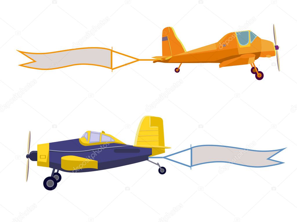 Flying advertising banners pulled by light planes. Agricultural aircraft isolated on white background. Comfortable air transportation banner with side view propeller airplane. plane small