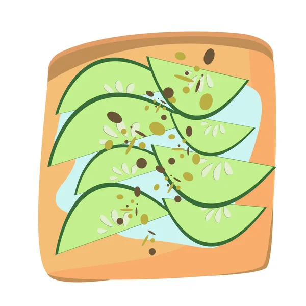 Avokado tostu. Taze kızarmış ekmek ve olgun avokado dilimleri. Susamlı, baharatlı ve dereotlu avokado sandviçi. Vektör çizimi. Kahvaltı ve sağlıklı yaşam tarzı. Manzara harika. Vektör