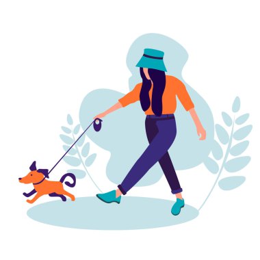 Evcil hayvanla yürüyorum. En iyi arkadaş konsepti. Kız ve köpek siluetlerinin çizimi. Mutlu kız dışarıda köpek yavrusuyla oynuyor. Yaz gününün tadını çıkar. Beyaz bir geçmişi olan genç bir kız. Dairedeki kız