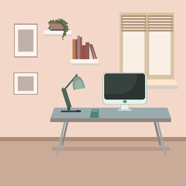 Flat Design Interior Concept Work Place Computer Laptop Lamp List — Διανυσματικό Αρχείο