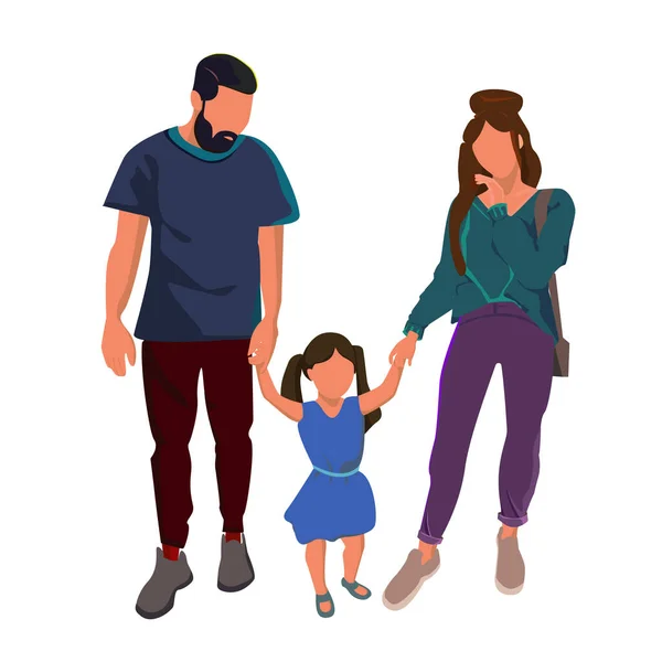 Beyaz arkaplanda ailesi ve çocukları olan mutlu bir aile. Anne baba kız el ele tutuşuyor, tamamen refah içinde bir aile. Mutluluk ve aşk kavramı. Aile birlikte yürüyor..