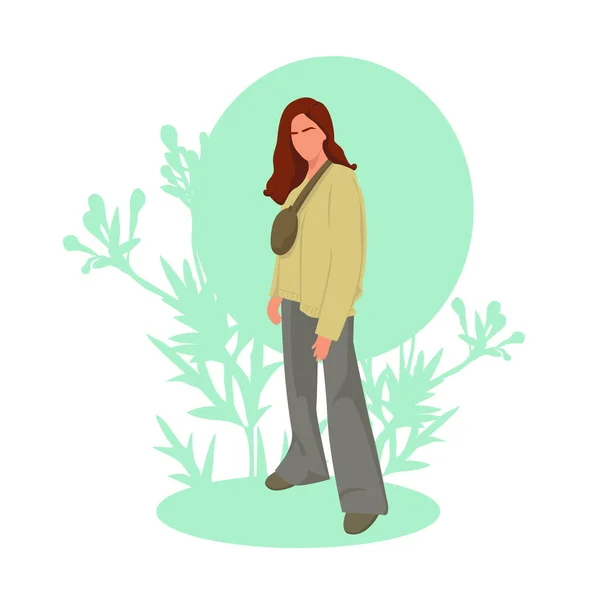 Moda kıyafetleri giymiş genç kızlar ayakta duruyor. Düz renkli hisse senedi çizimi. Günlük giysiler içinde mutlu bir genç. Gençlik tarzı. Düz bir genç kadın. Mavi soyut arkaplanda bir kız.