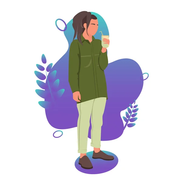 Gündelik giysiler içinde güzel, modaya uygun genç bir kadın. Sıradan bir bluz giyen kadın karakter. Kağıt bardaktan içecek saman vektörü kullanın. Düz çizgi film çizimi beyaz arkaplanda izole edildi