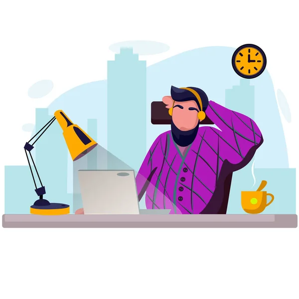 Çalışma masasında bilgisayarla çalışan ve ui ve ux 'yu test eden bir adam. Genç serbest programcı dizüstü bilgisayarla kodlama yapıyor. Serbest meslek sahibi. Arka planda çalışma süreci simgeleri olan modern ofis içi.