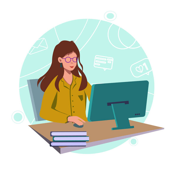 Office worker. Businesswoman is sitting at the desk and working on the laptop.Freelancer home workplace. Workflow in full swing. Work at home concept design.Online study, education. Home Office