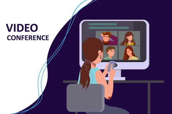 Toplu sanal toplantı ve grup video konferansı için bilgisayar kullanan işçiler. Video konferansı, uzaktan çalışma, teknoloji konsepti için vektör illüstrasyonu. Meslektaşlar bilgisayarda birbirleriyle konuşurlar