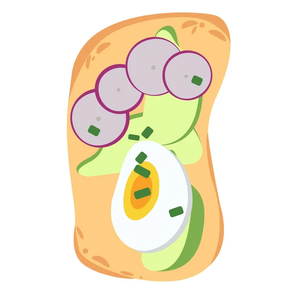 Kızarmış yumurtalı taze ekmek ve avokado dilimlerinden yapılmış enfes bir sandviç. Susamlı, baharatlı ve dereotlu avokado sandviçi. El çizimi vektör illüstrasyonu.