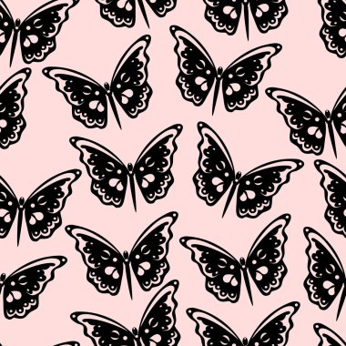 Kelebek deseni. Soyut modern kusursuz kral kelebeği deseni pembe arka planda. Retro vintage tarzı. Kusursuz desen. Vektör illüstrasyonu.