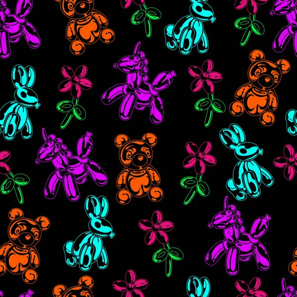 Balon hayvanları karikatür çizimi, neon, pürüzsüz desen. Ayı. Tek boynuzlu at, tavşan, balondan yapılmış çiçekler. Y2k retro fütürist estetik. Balon çıkartmaları. Vektör çocuklar oyuncak hayvan heykeli