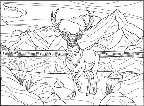Dağlar, geyikler, göl ve ağaçlar. Manzara. Çocuklar ve yetişkinler için boyama kitabı antistresi. Renkler için manzara. Dağlar, hayvanlar ve odun. Seyahat teması.