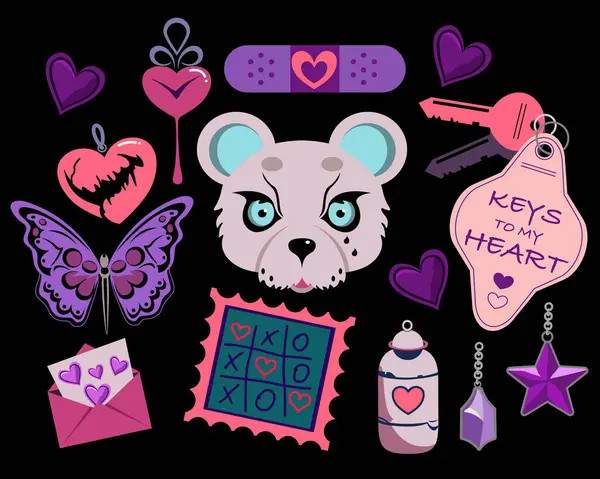 Groovy Mooie Harten Grote Stickers Voor Sint Valentijnsdag Levendige Psychedelische — Stockvector